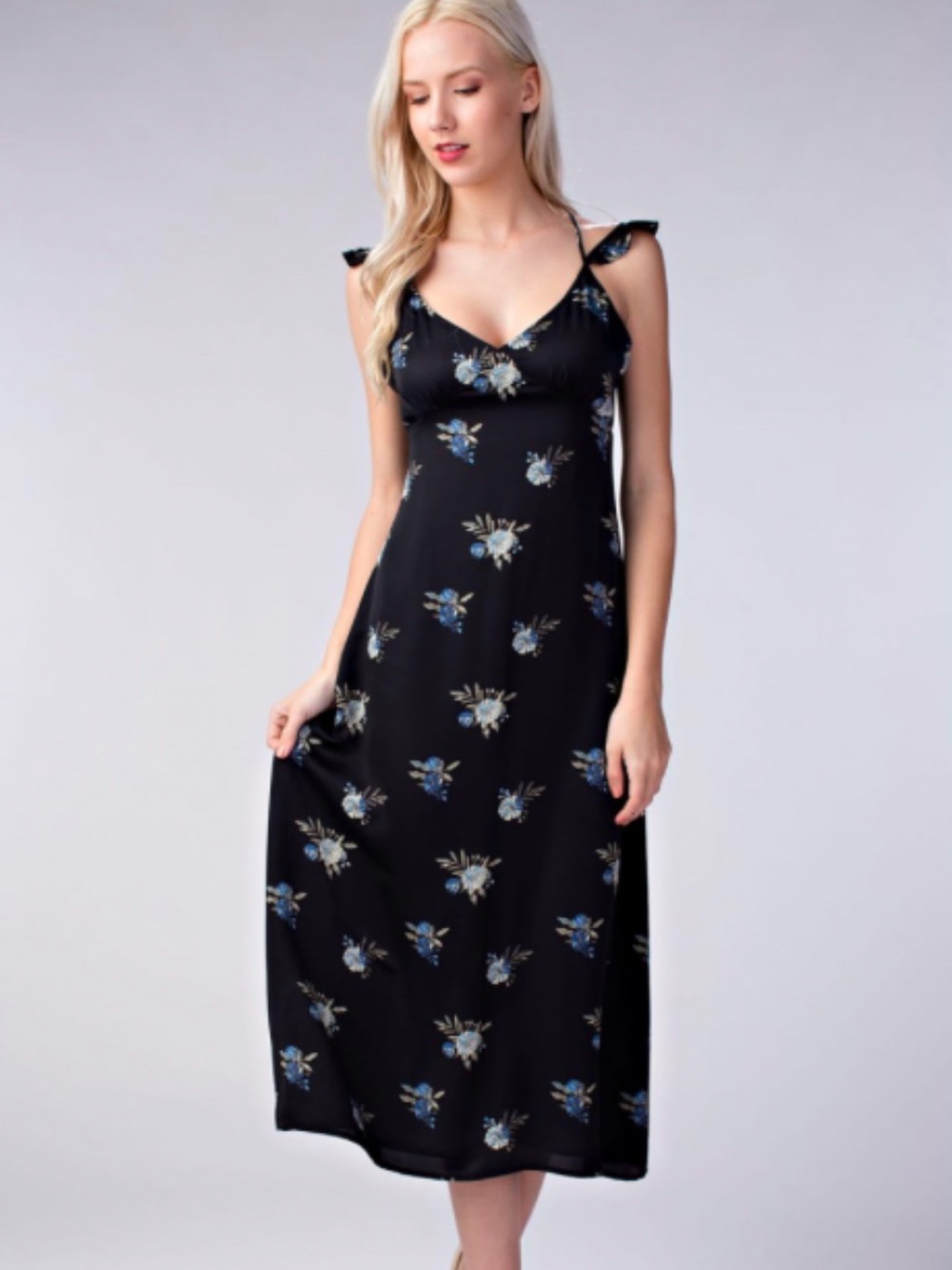 Floral Back ruffle cross Strap boho gypsy hippie festival ankle dress